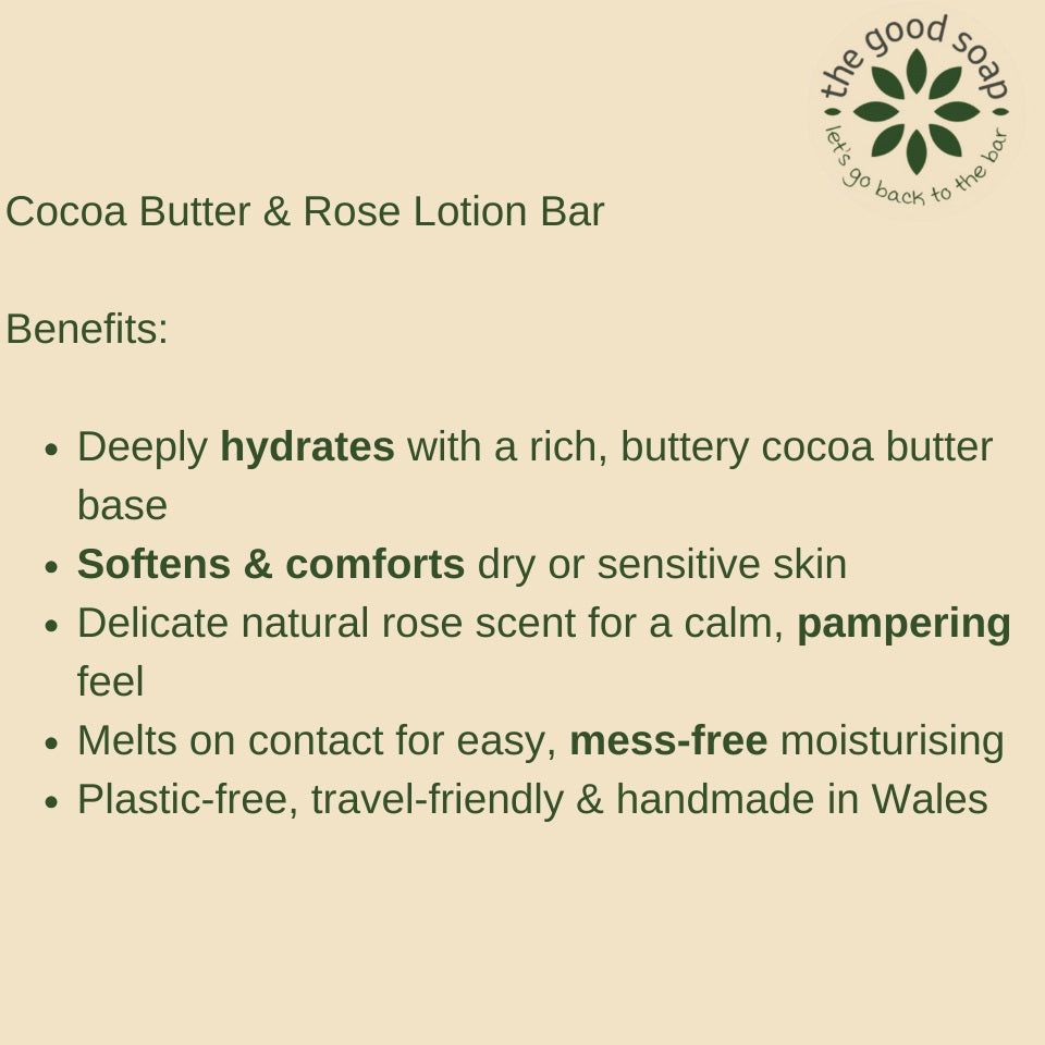 Cocoa Butter & Rose Lotion Bar – Softening Solid Moisturiser for Dry Skin