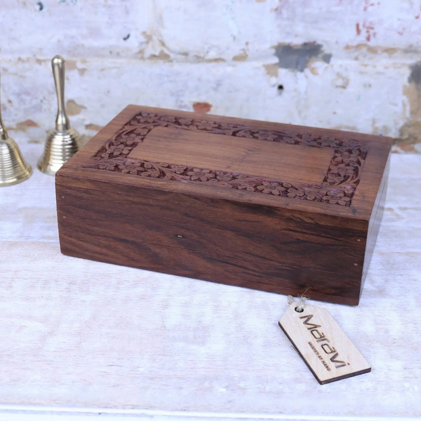 Betwa 20cm Wooden Trinket Box Floral Design Secret Lock