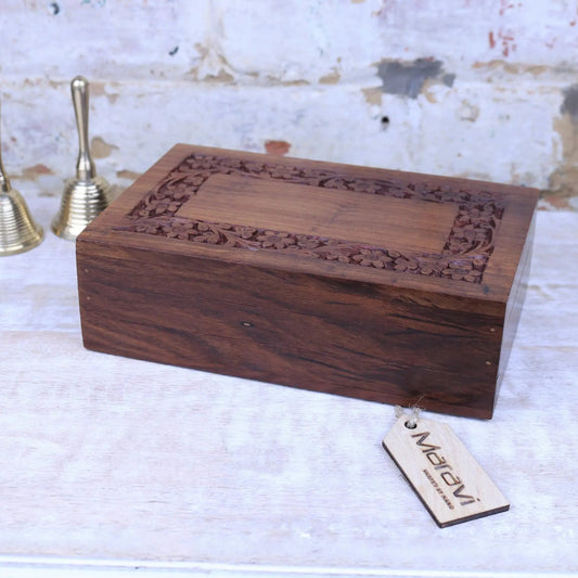 Betwa 20cm Wooden Trinket Box Floral Design Secret Lock