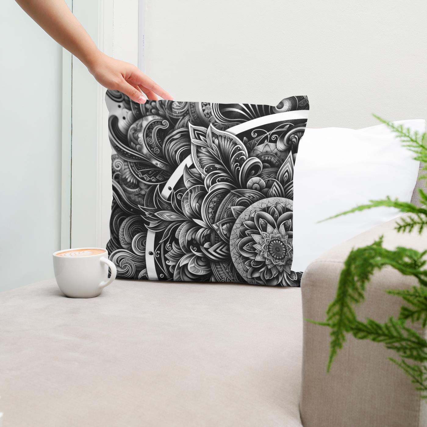 Inked Grace: Silver Line Elegance Cotton Cushion