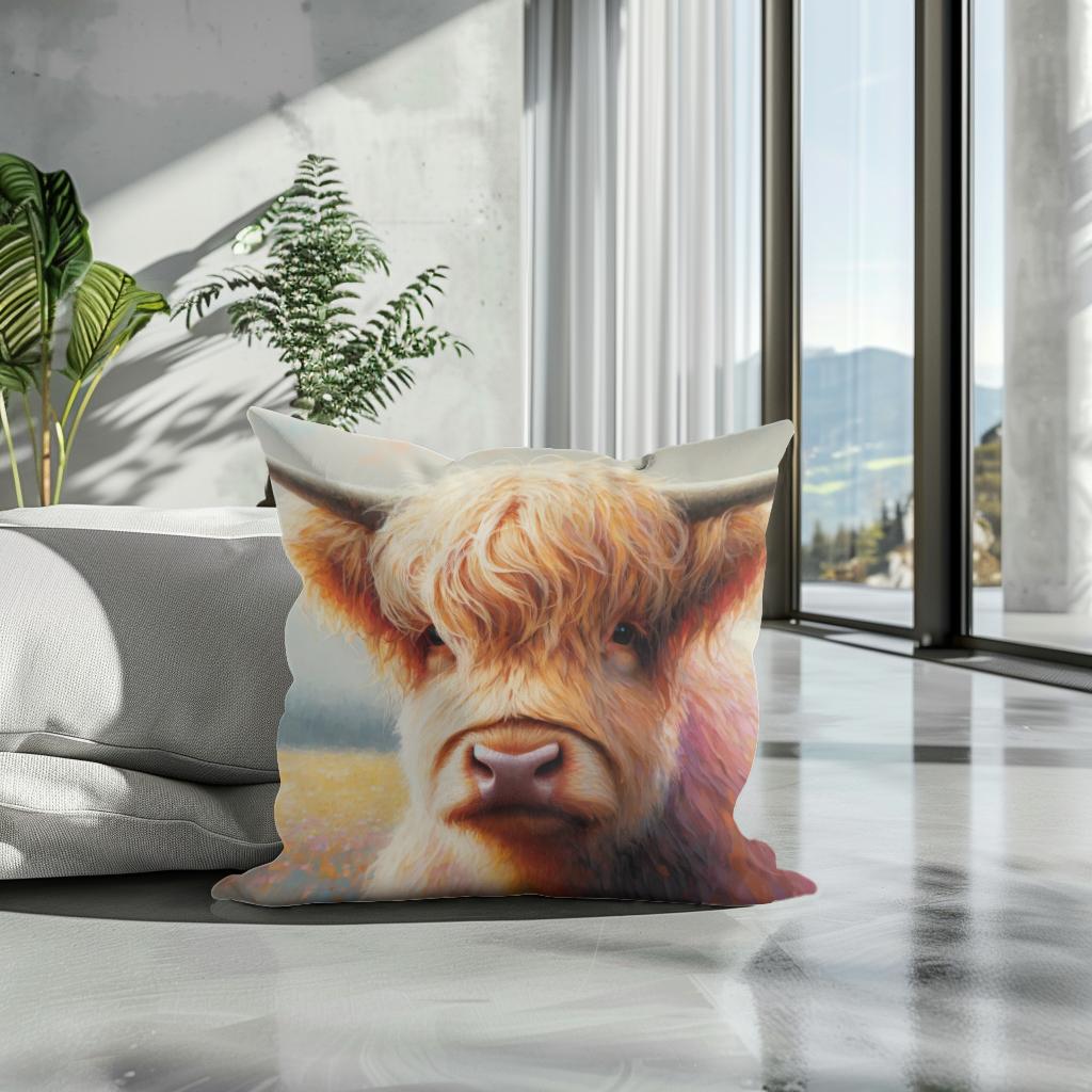 Gentle Highland Cow Gaze Cotton Cushion