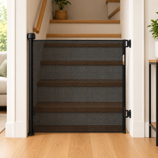 FYLO Premium Baby Fabric Safety Retractable Stair Gate - Black (Upto 120cm Width)