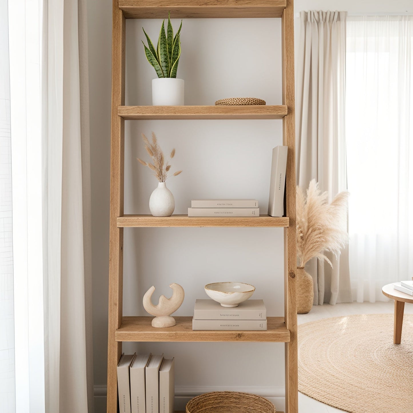 Ladder Solid Wood Bookshelf – Natural Finish Open Bookcase, Rustic Scandinavian Design