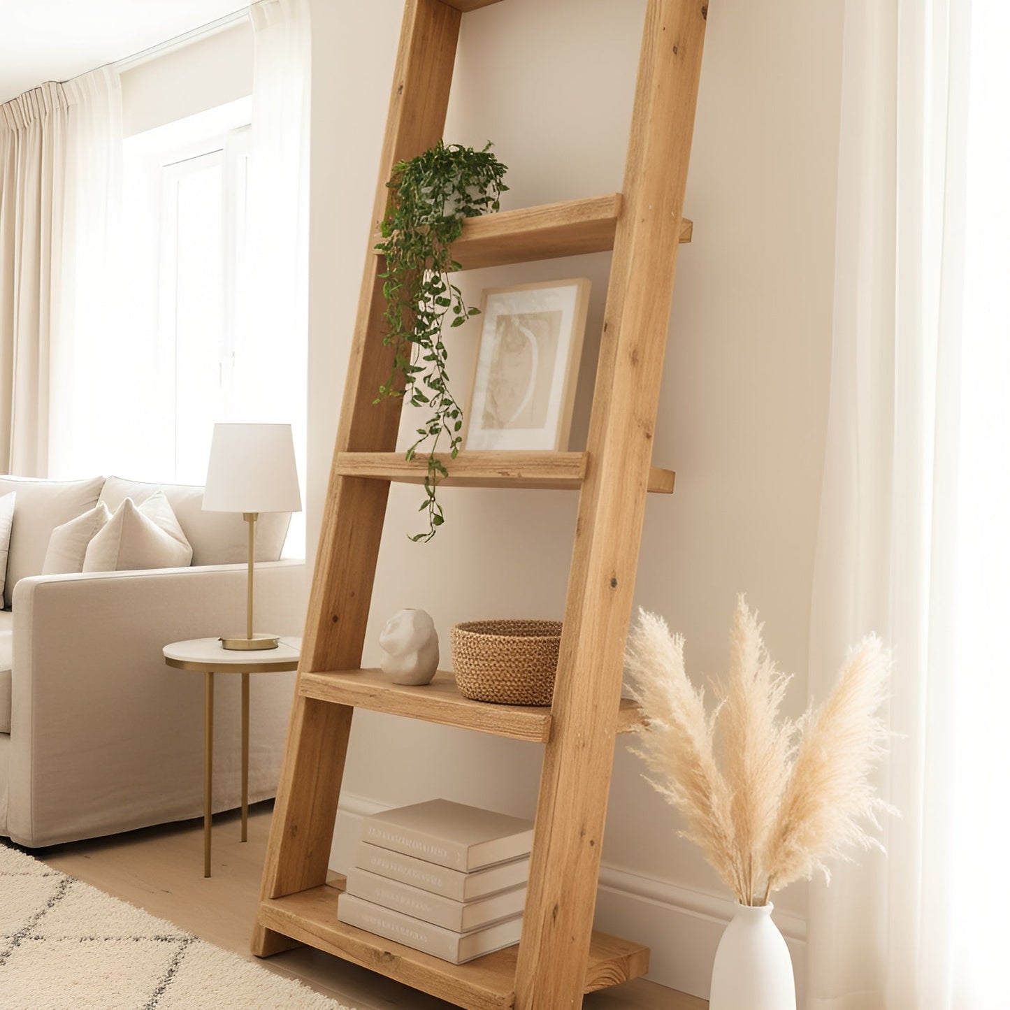 Ladder Solid Wood Bookshelf – Natural Finish Open Bookcase, Rustic Scandinavian Design