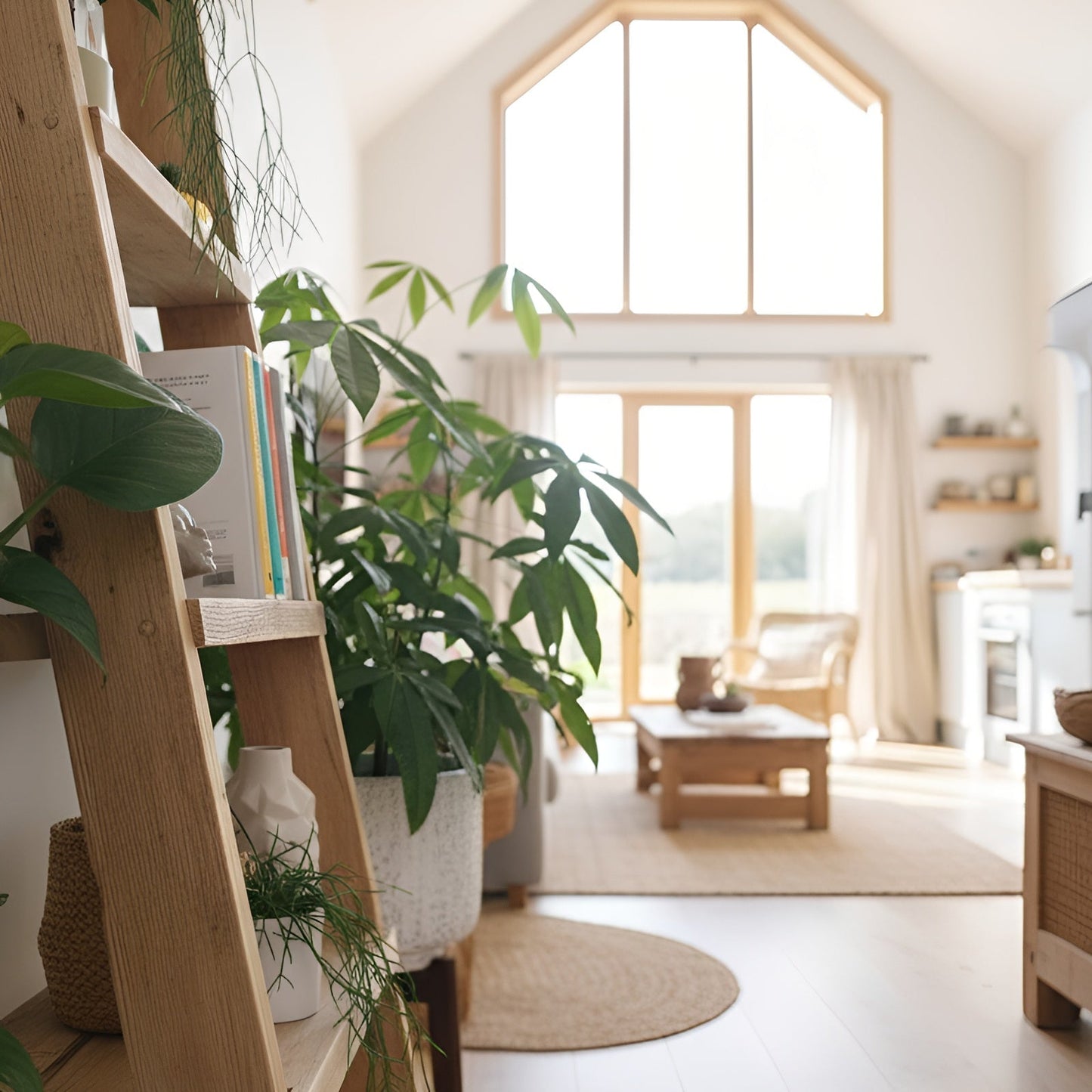 Ladder Solid Wood Bookshelf – Natural Finish Open Bookcase, Rustic Scandinavian Design