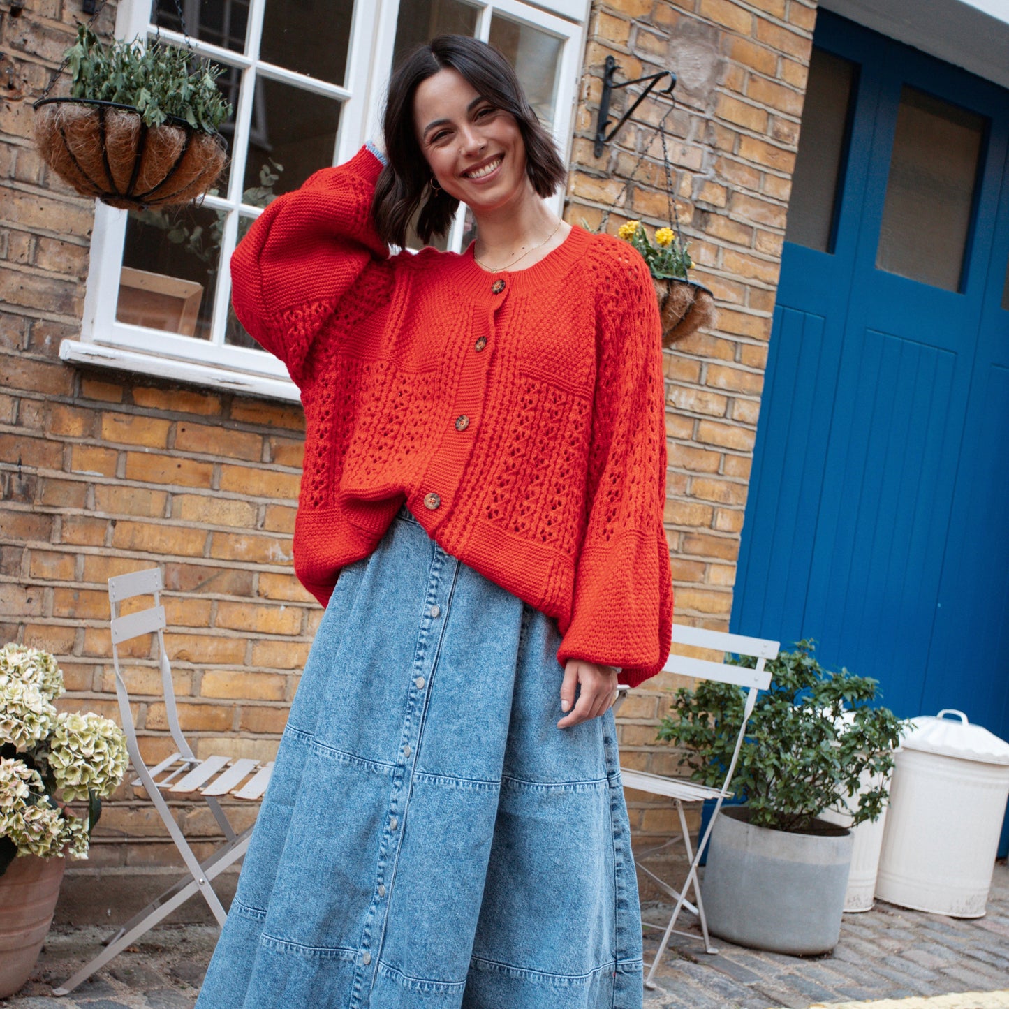 Brigit Pointelle Stitch Balloon Sleeve Cardigan - Orange
