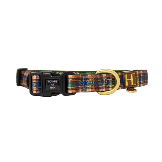 Oak Forest Plaid Dog Collar + Tag Holder