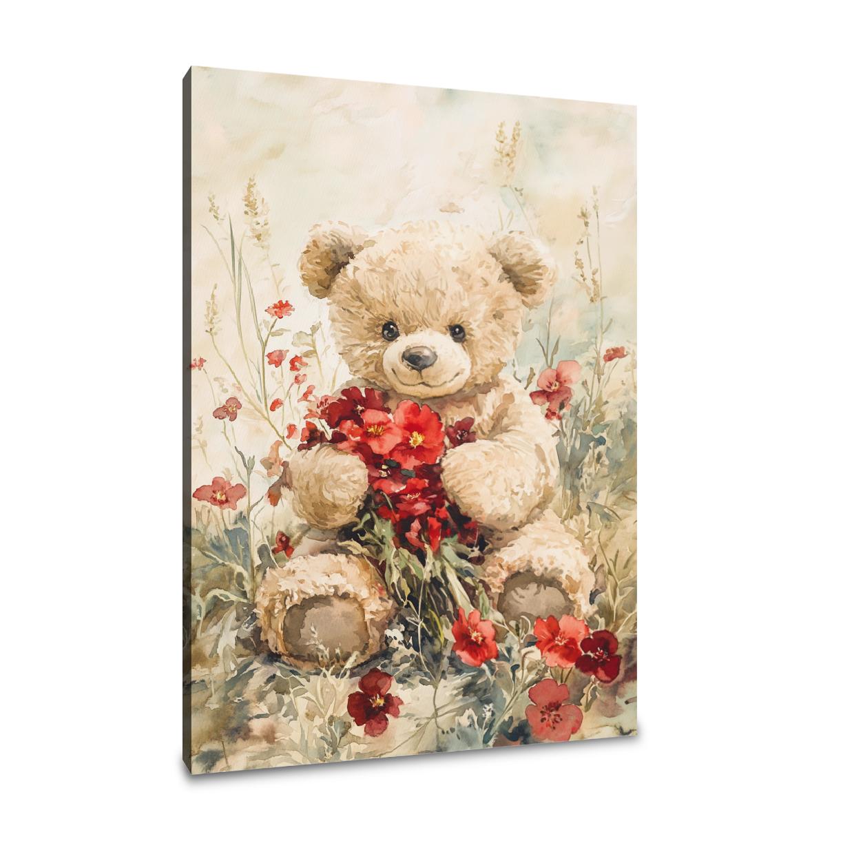 Teddy's Floral Embrace Canvas
