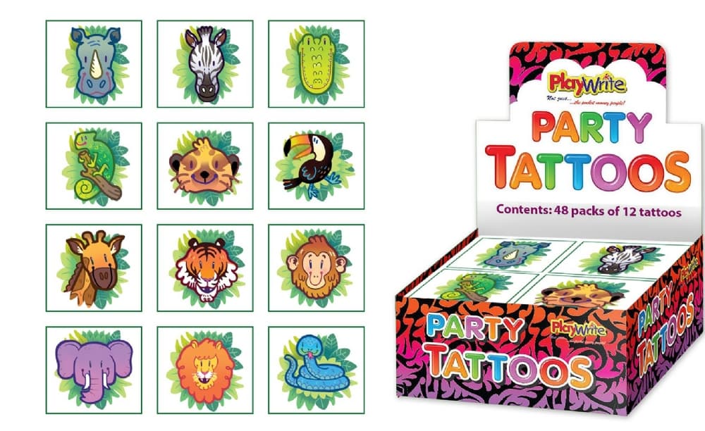 Pack of 12 Jungle Animal Themed Temporary Tattoos for Ages 3 and Up
