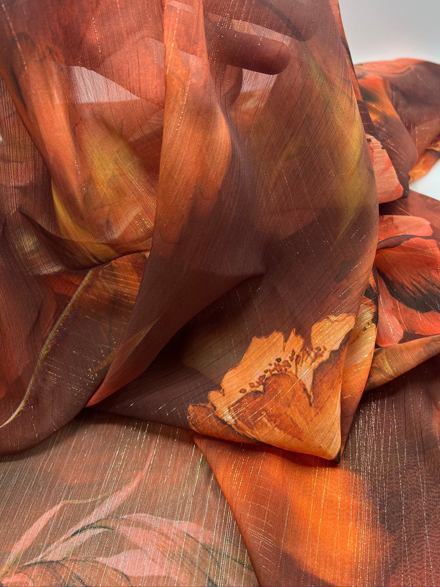 Brown Floral Gold Lurex Stripe Printed Chiffon Dress Fabric