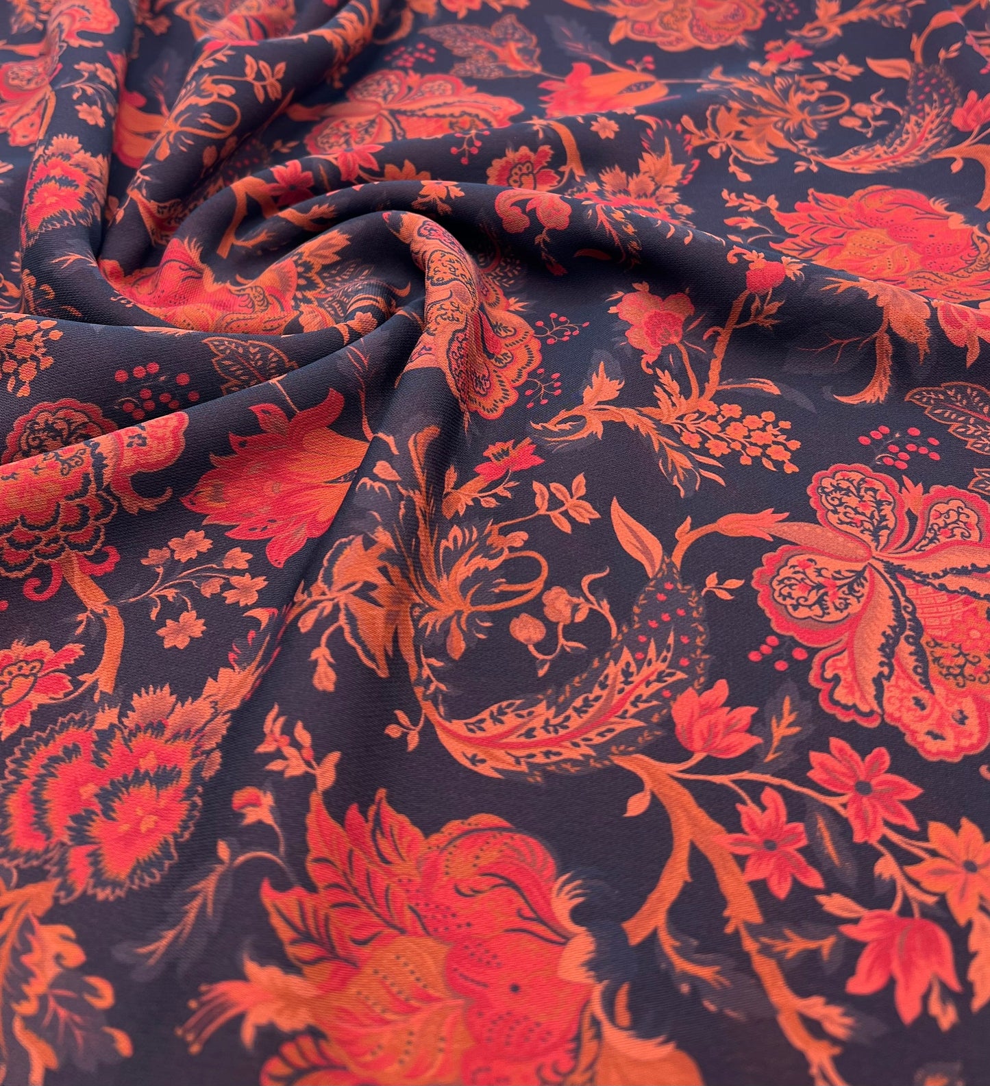 Black Red Floral Lightweight Crepe Fabric 175GSM Non Stretch
