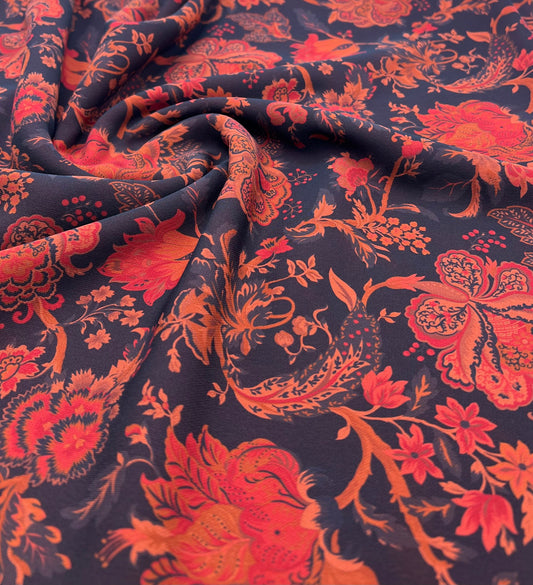 Black Red Floral Lightweight Crepe Fabric 175GSM Non Stretch