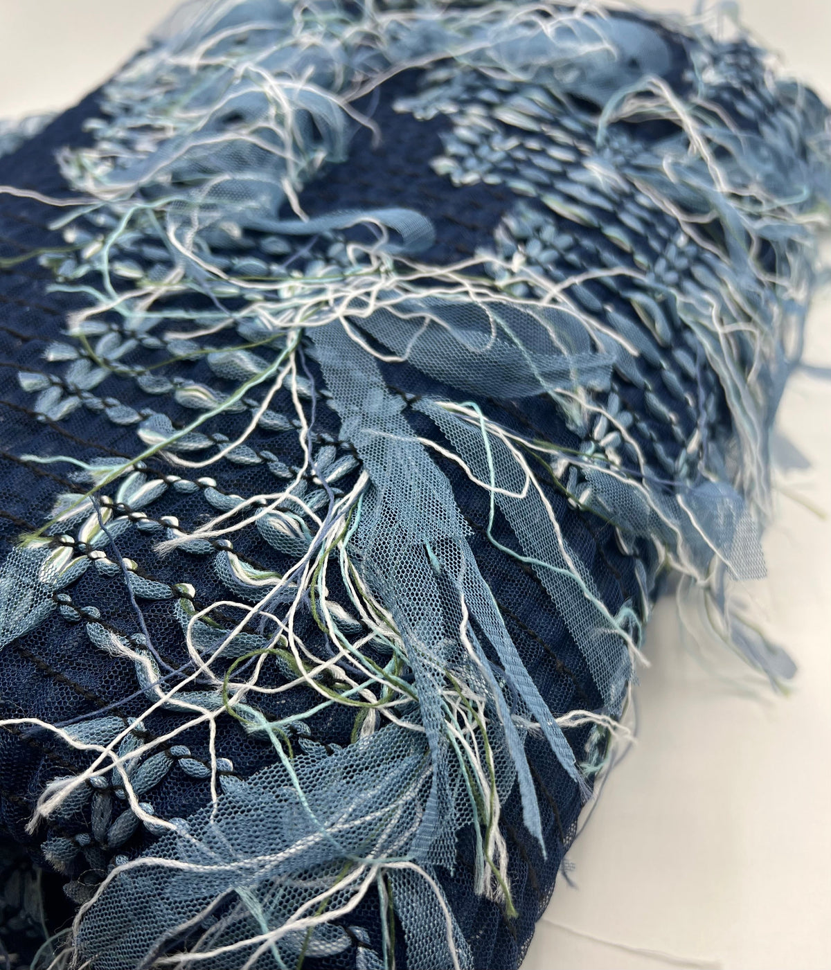 Blue Mix Textured Mesh Tassel Fabric 2 Way Stretch