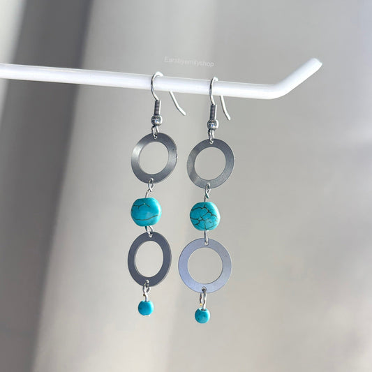 Stainless steel and turquoise blue bead statement dangle earrings