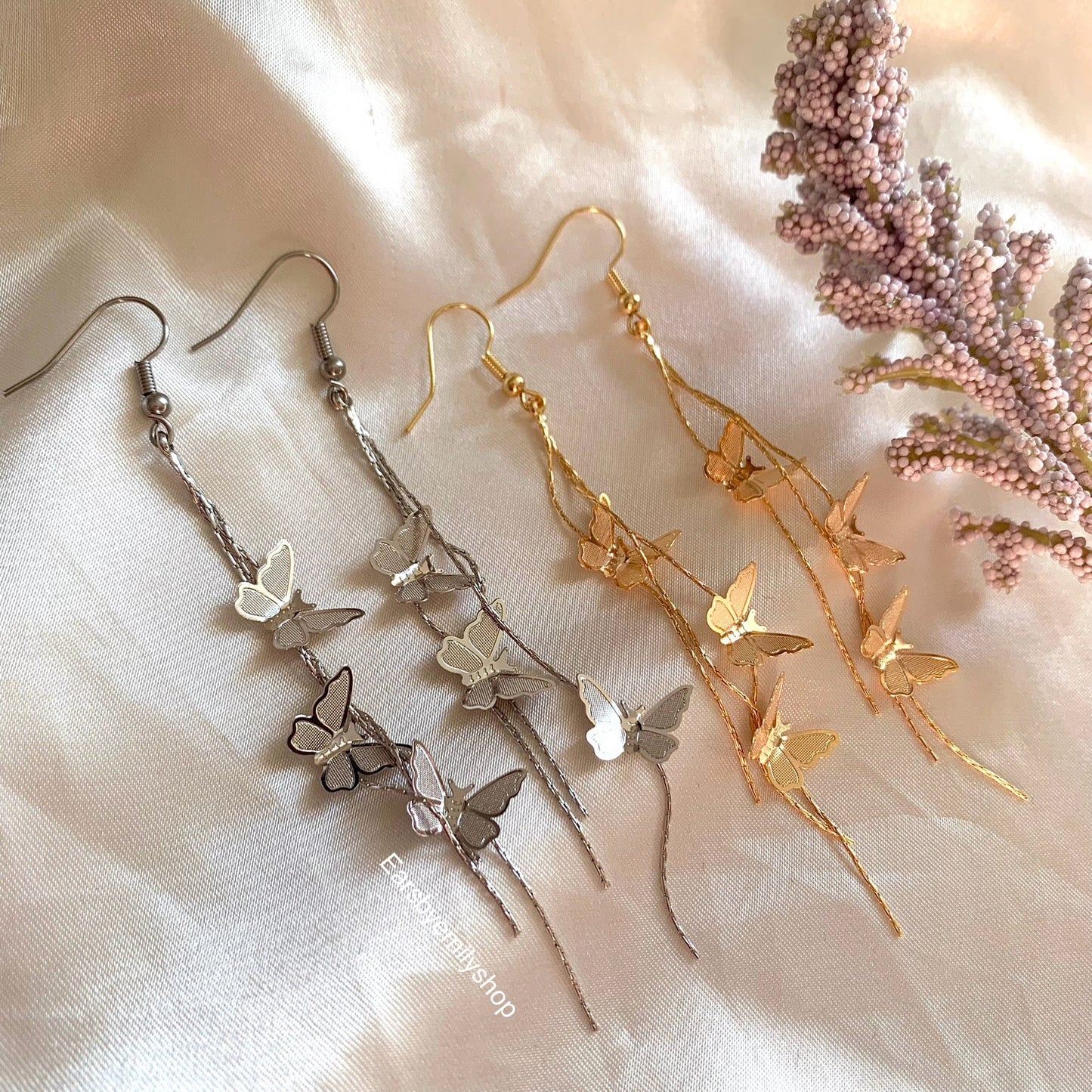 18k gold or silver plated butterfly chain trio earrings