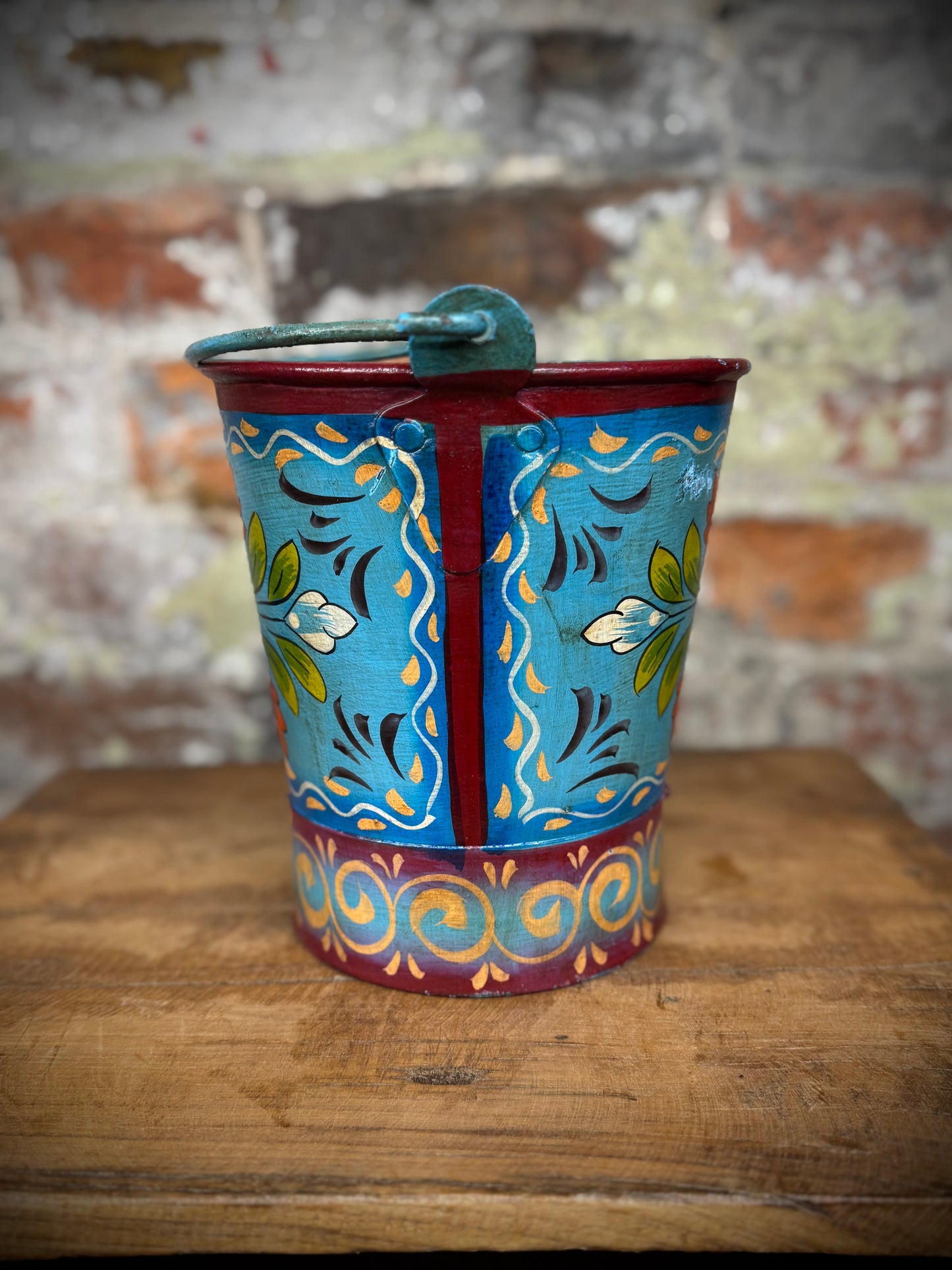 Vintage Small Hand Painted Bucket / Plant Pot / Herb Planter / Blue / Pail