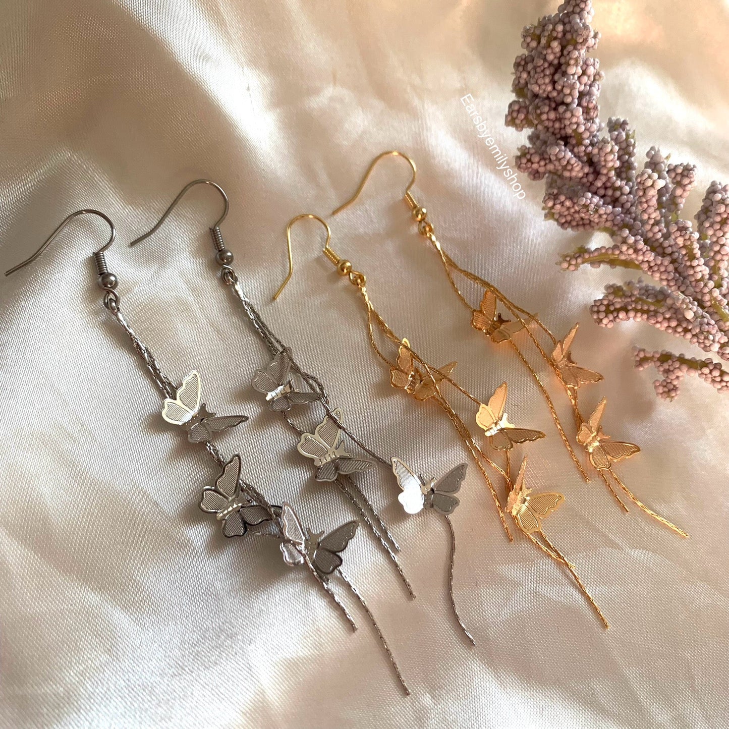 18k gold or silver plated butterfly chain trio earrings