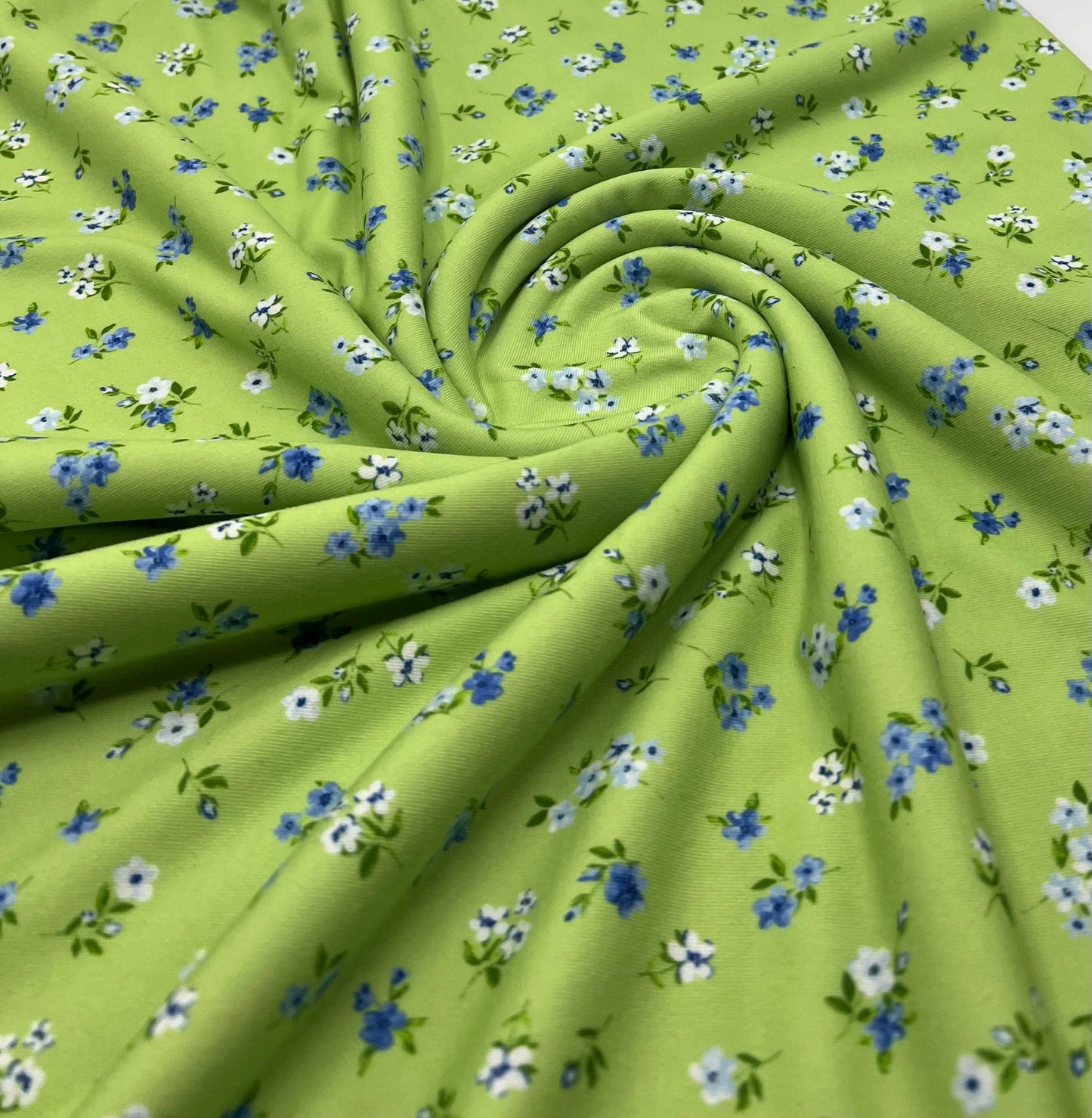 Bright Green Ditsy Floral Print Spun Poly Stretch Fabric
