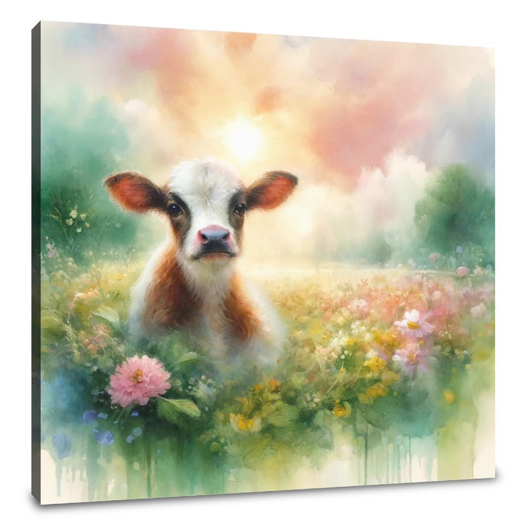 Pastel Meadow Cow Canvas