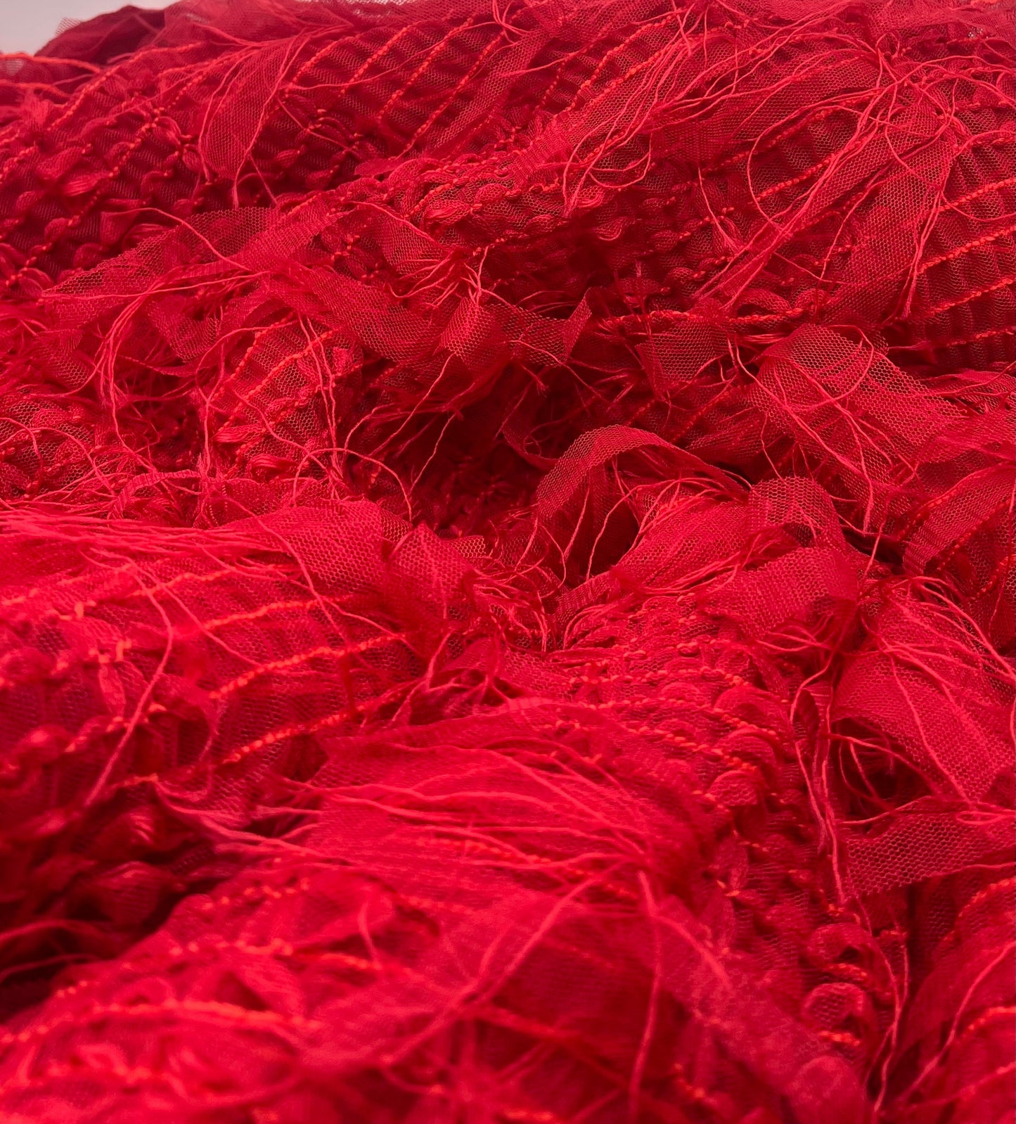 Red Textured Mesh Tassel Fabric 2 Way Stretch