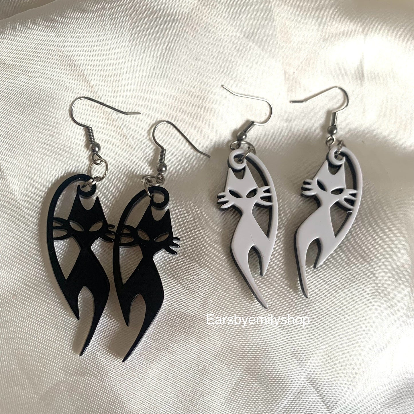 Black and white cat dangle earrings