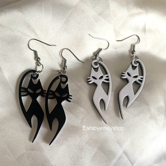 Black and white cat dangle earrings