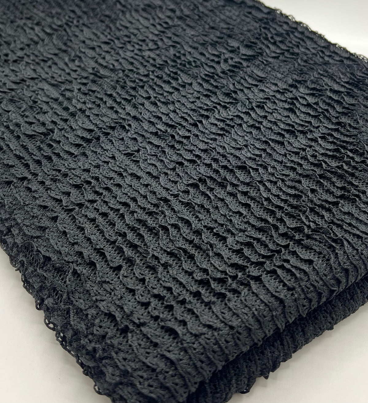 Black Ruffle Crochet Frill Knitted Stretch Fabric 300GSM
