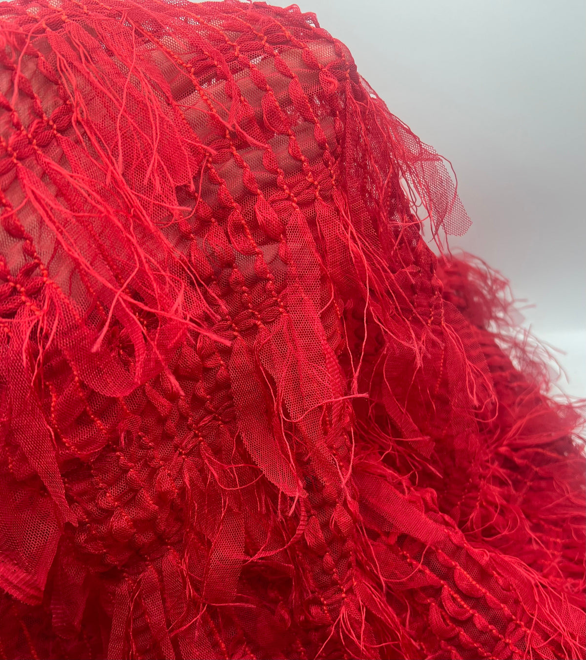 Red Textured Mesh Tassel Fabric 2 Way Stretch
