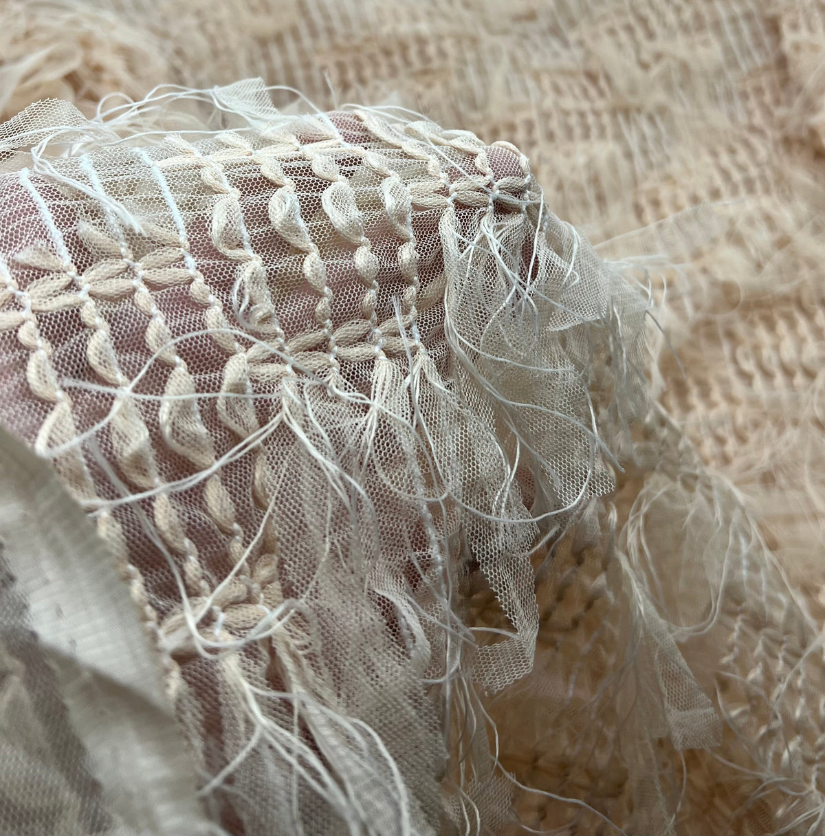 Nude Textured Mesh Tassel Fabric 2 Way Stretch