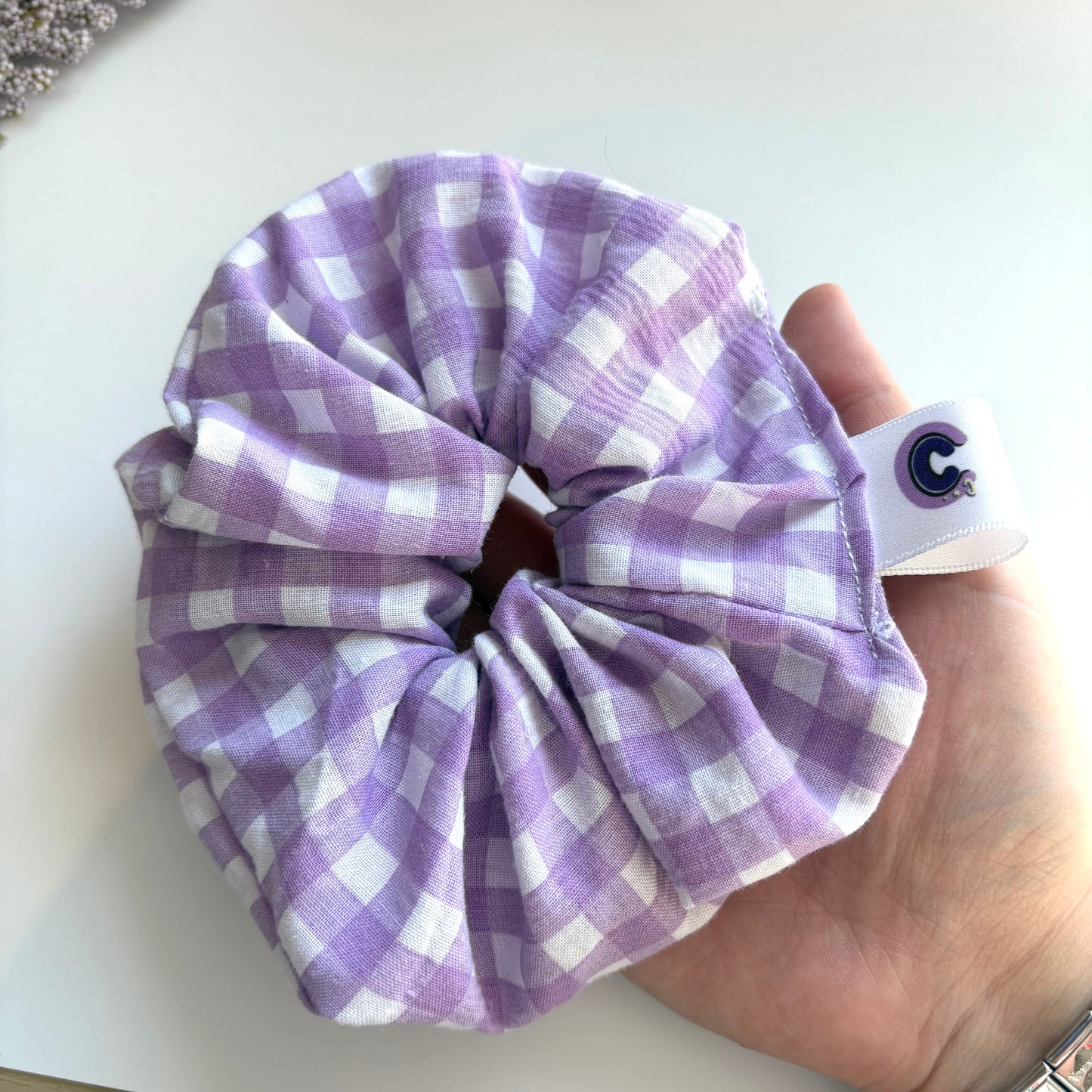 Cool purple and white gingham large hair scrunchie