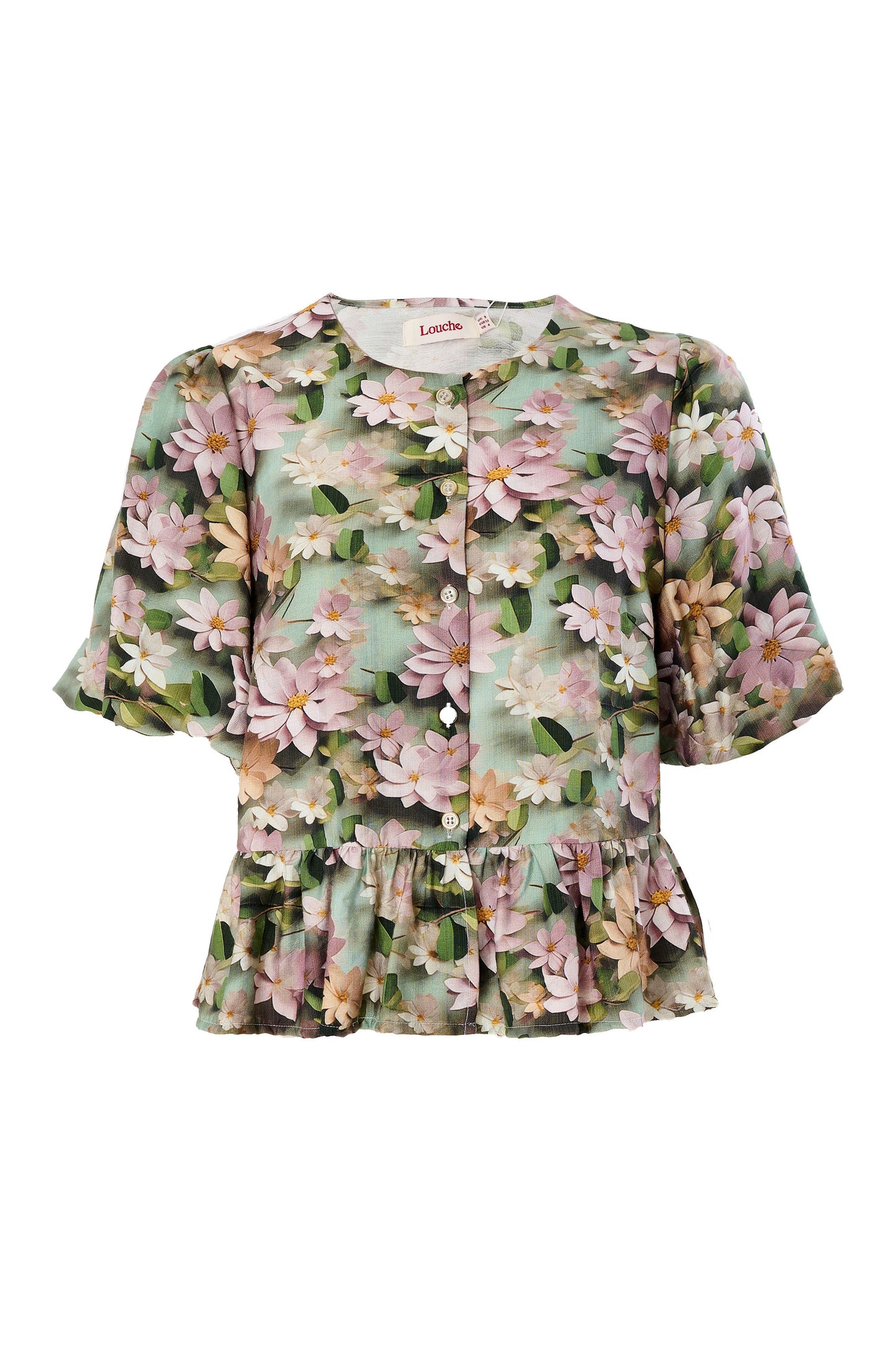 Camile 3D Daisy Print Peplum Blouse - Green