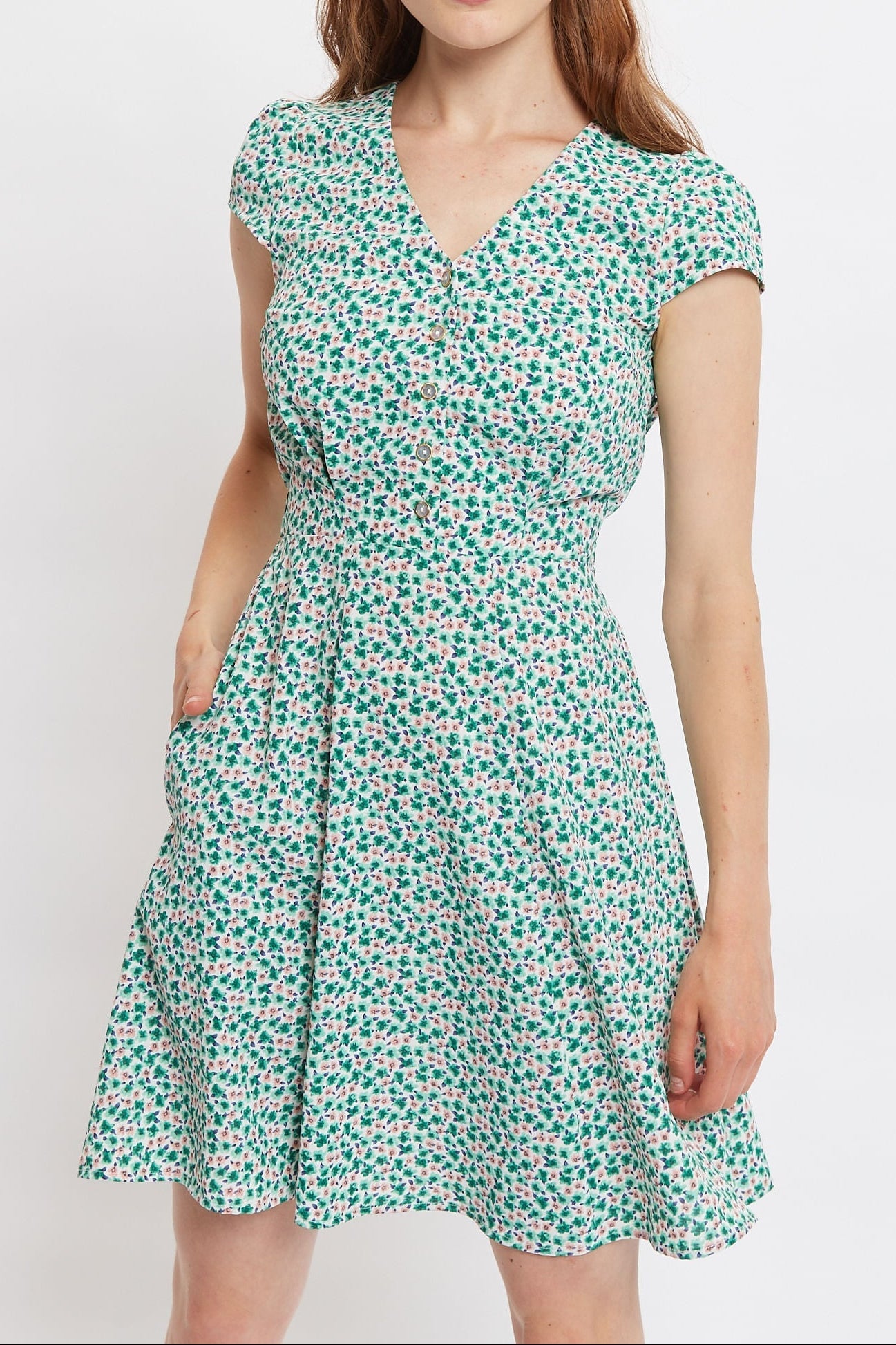 Louche Cathleen Mint Blossom Print Mini Tea Dress