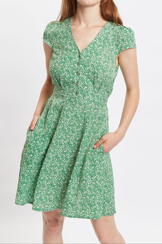 Louche Cathleen Micro Flower Print Mini Tea Dress - Green