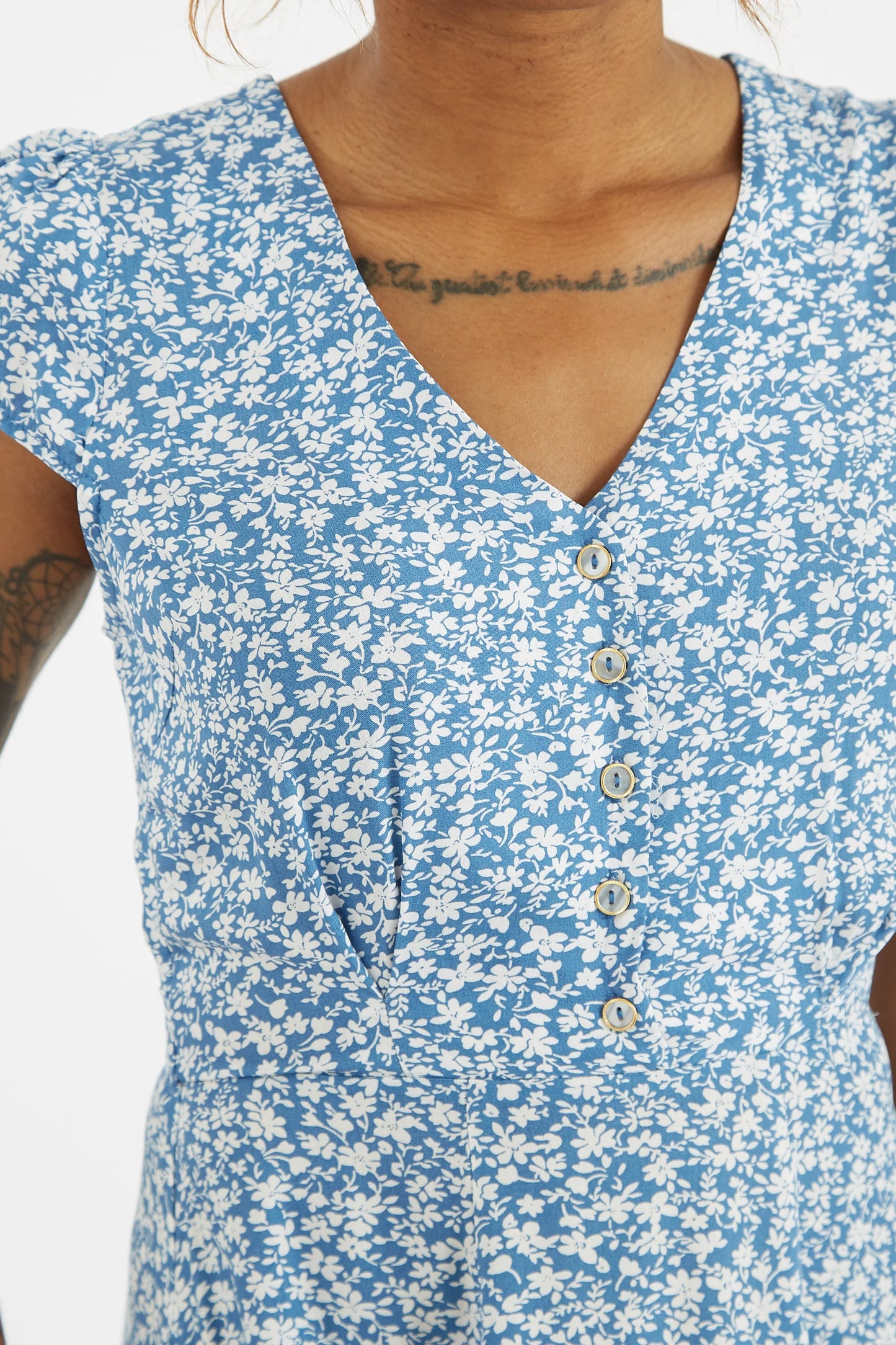 Louche Cathleen Micro Blossom Print Mini Tea Dress In Blue