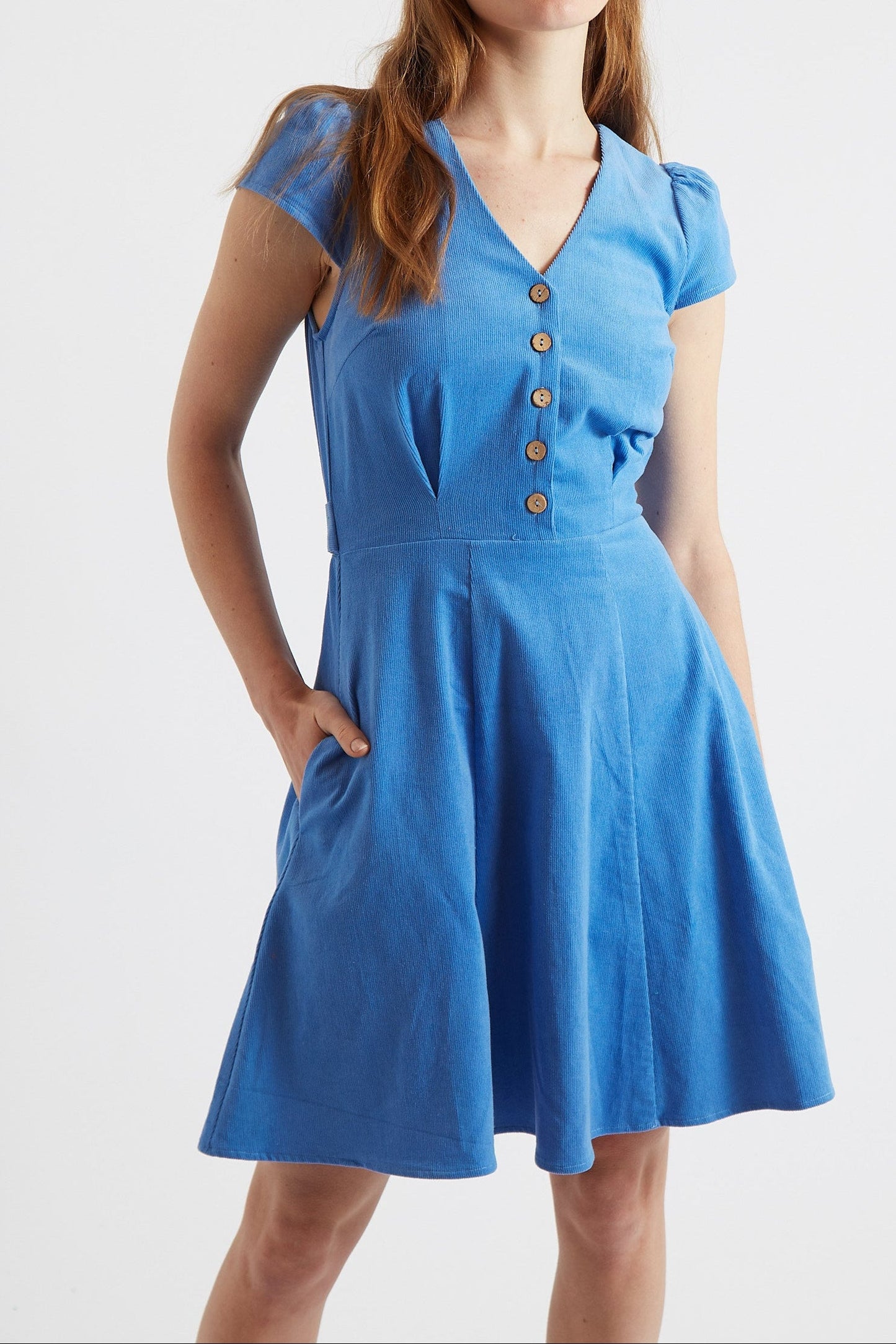 Louche Cathleen Blue Mini Baby Cord Tea Dress