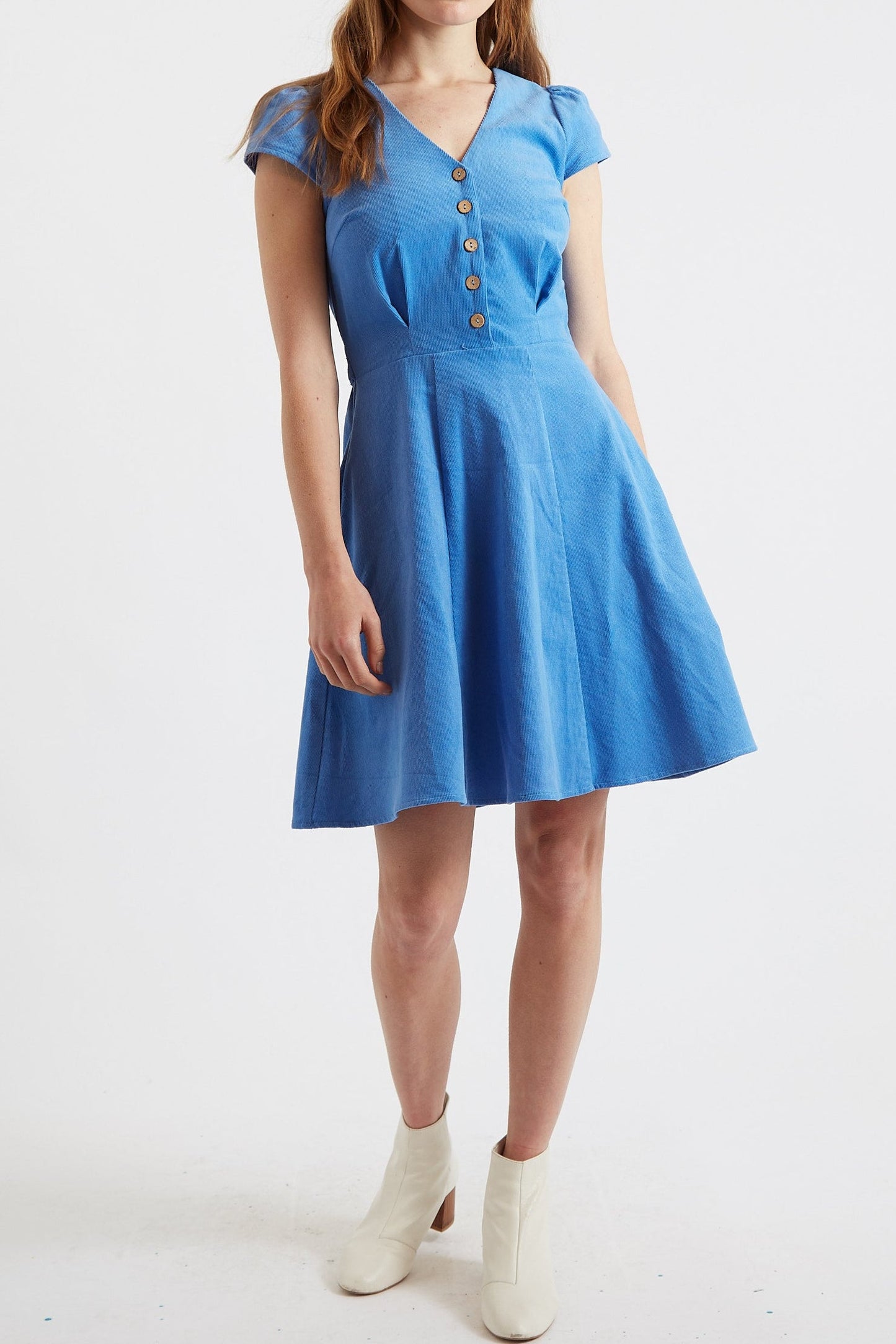 Louche Cathleen Blue Mini Baby Cord Tea Dress