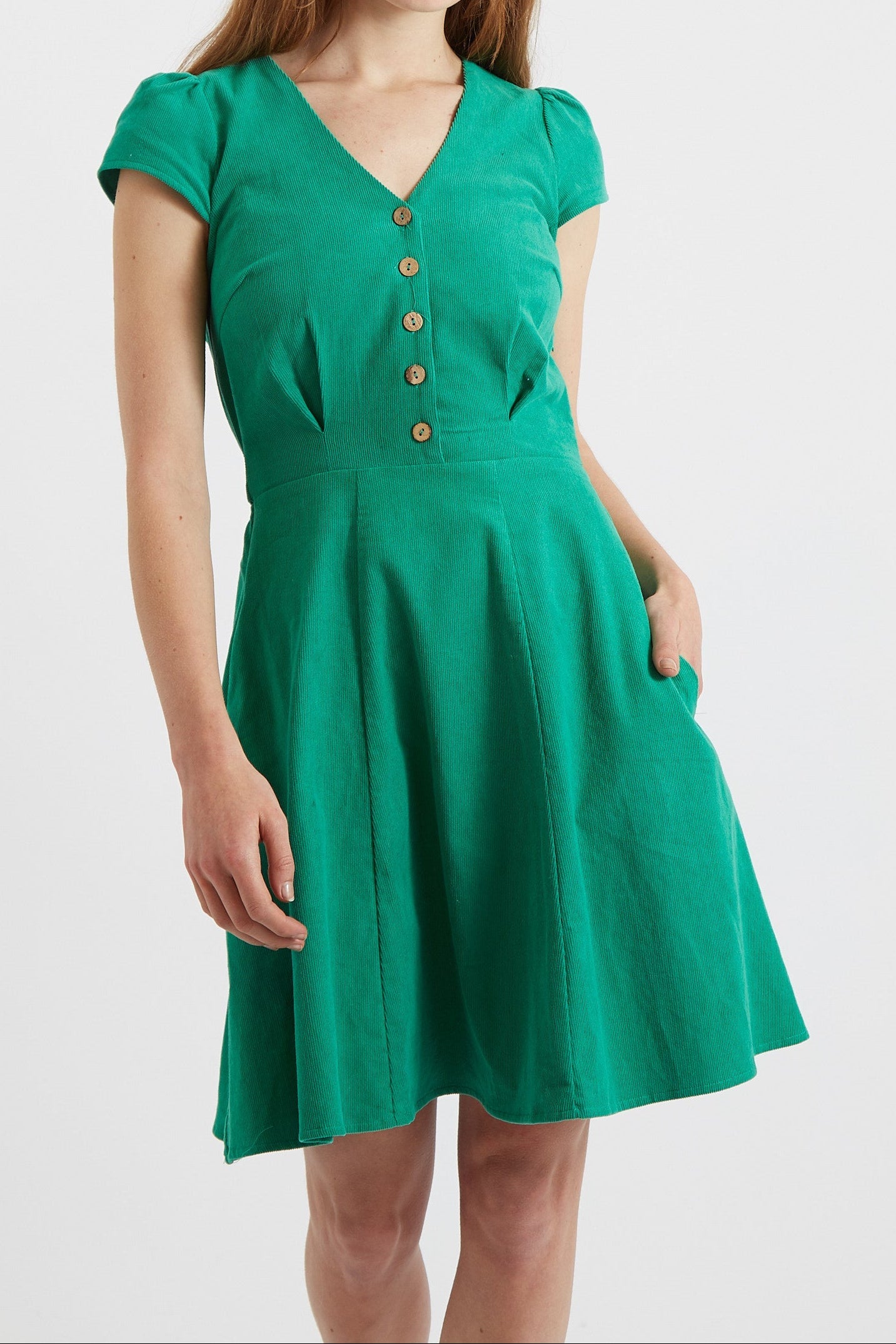 Louche Cathleen Green Mini Baby Cord Tea Dress