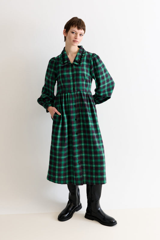 Catlin Winter Check Button Through Midi Dress – Green