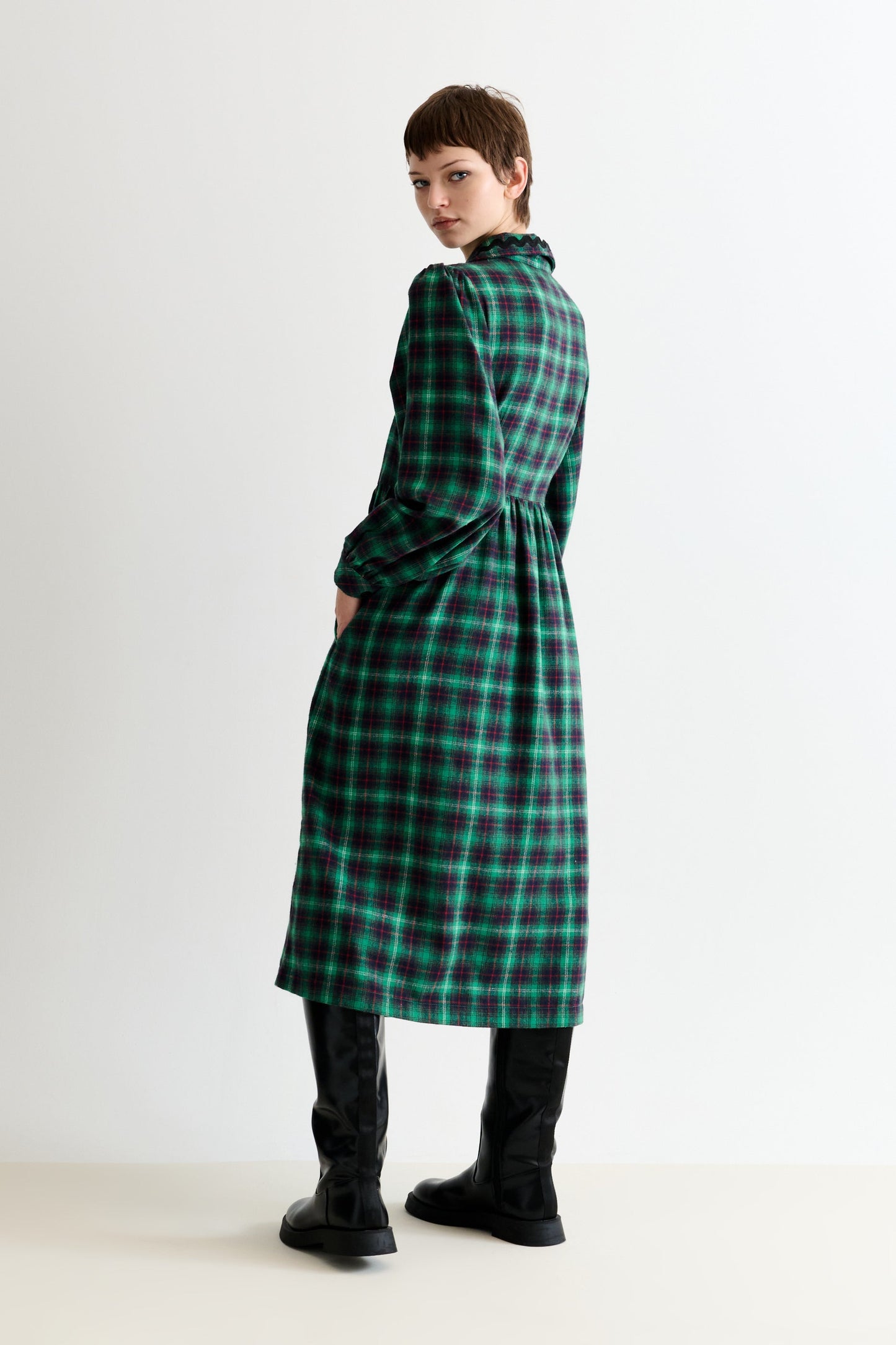 Catlin Winter Check Button Through Midi Dress – Green