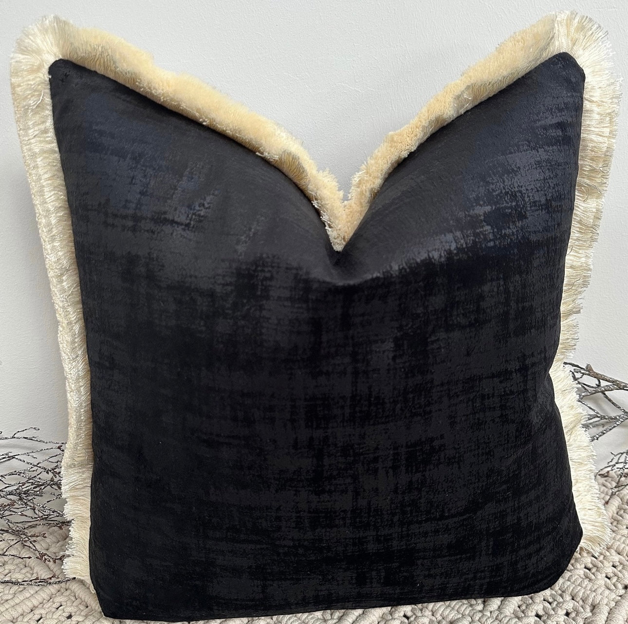 The Couture Cushion - The Black Dolce Fringed In Ivory - Style No. 134