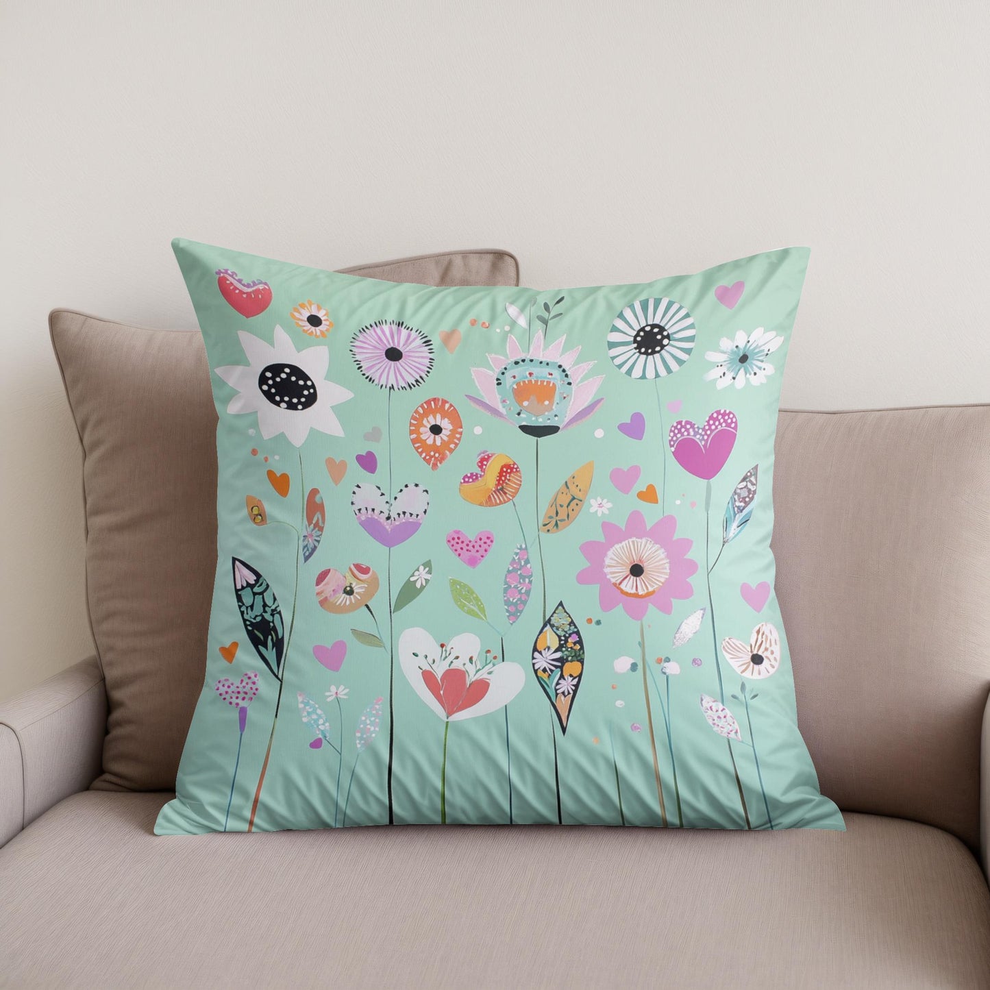Mint Green Folk Flower Cotton Cushion
