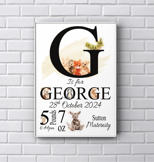 Personalised Name Cute Animals Newborn PRINT