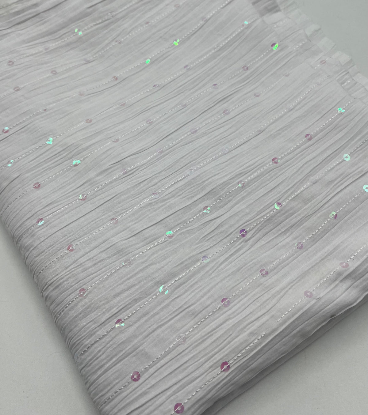 White Sequin Crinkled Lightweight Non Stretch Fabric
