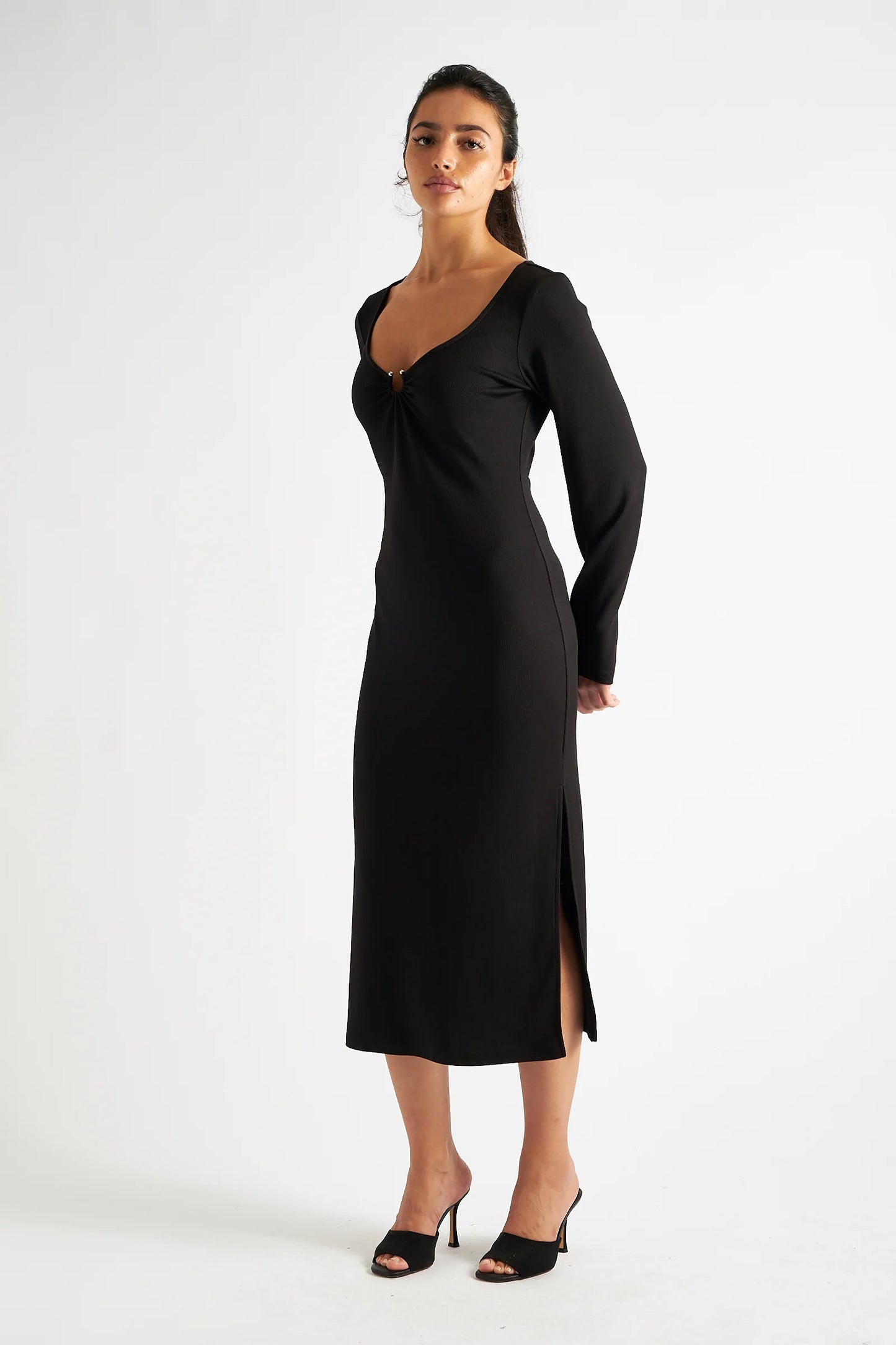 Charley Black Fine Rib Bodycon Midi Dress