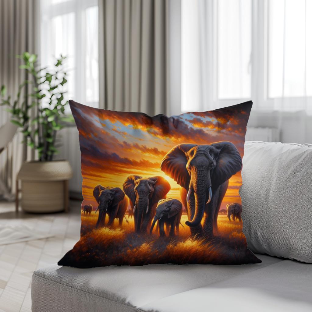 Elephant Savannah Sunset Cotton Cushion