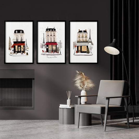 Interior Design Art Paris Winter Street Scene Wall Art Prints | "Paris sous un ciel d'hiver" | Set of 3