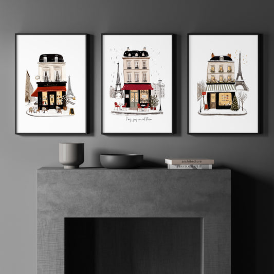Interior Design Art Paris Winter Street Scene Wall Art Prints | "Paris sous un ciel d'hiver" | Set of 3