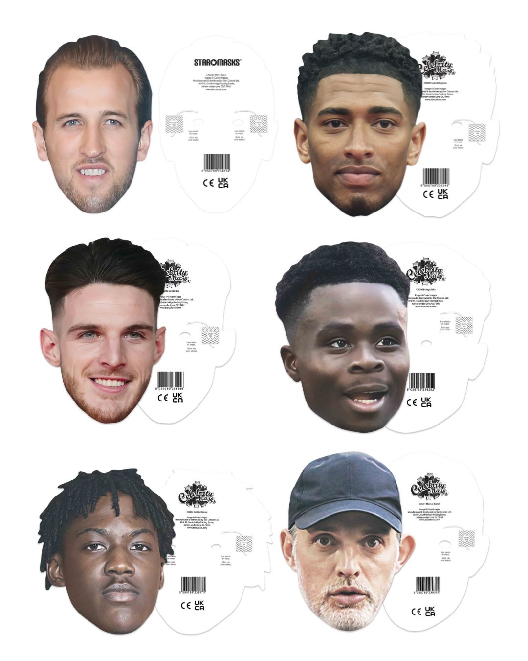 CMPWC26 England Manager & Footballers Six Pack Masks - Tuchel, Mainoo, Rice, Kane, Bellingham & Saka World Cup 2026