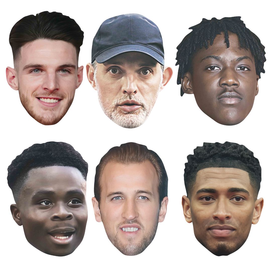 CMPWC26 England Manager & Footballers Six Pack Masks - Tuchel, Mainoo, Rice, Kane, Bellingham & Saka World Cup 2026