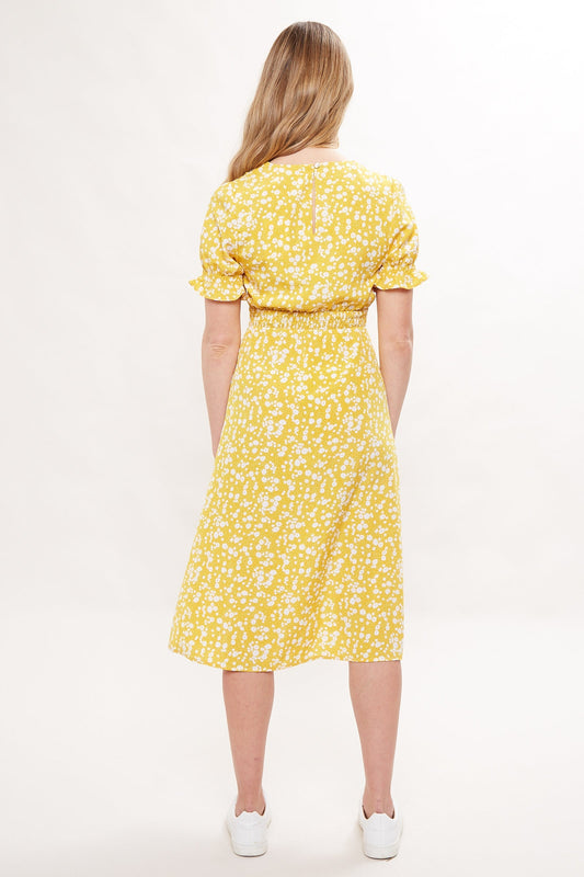 Corina Flower Dot Print Midi Tea Dress - Mustard
